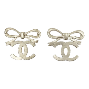 Chanel Light Gold Ribbon Bow CC Clip on Earrings, A Pair