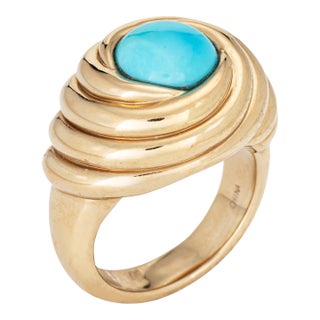 Mid 20th Century Turquoise Swirl Ring Size 9 Estate 14k Rose Gold Cocktail Fine Jewelry For Sale