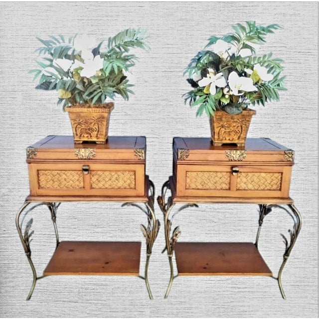 Wood Vintage Tropical Regency Chest Style 1 Drawer Palm Leaf Iron Base Side End Night Tables- A Pair For Sale - Image 7 of 9