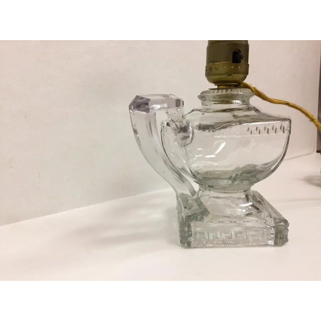 Transparent Antique Greek Key Pressed Glass Electrified Oil Lamp For Sale - Image 8 of 12