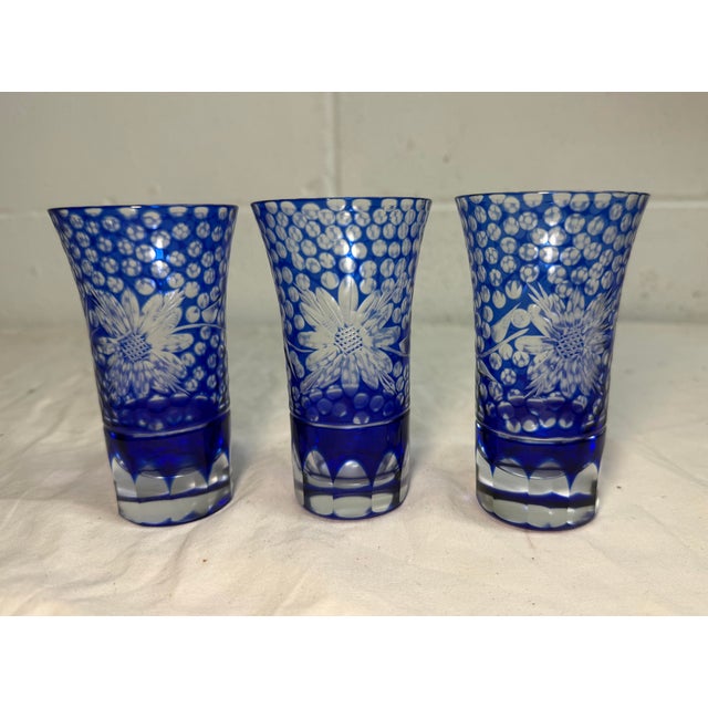Vintage Elaborate Cut to Clear Crystal Glass Czech Cobalt Blue Shot Glasses - Set of 3 For Sale In New York - Image 6 of 11
