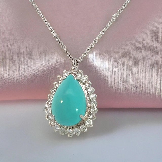 2010s Persian Turquoise Diamond Pendant With Chain 17" 14k WG 9.9 TCW Certified For Sale - Image 5 of 18