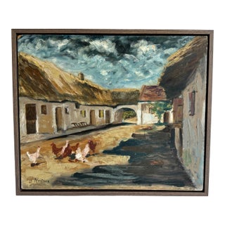 French Countryside Oil Painting Floating in Frame For Sale