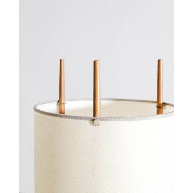 A rare, early and iconic pair of american mid century desk / table lamps model "no 9" in cherry wood and fiberglass-...