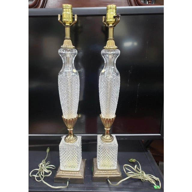 Antique White Neoclassical Hollywood Regency Ormolu and Crystal Cut Column Table Lamps, a Pair For Sale - Image 8 of 8