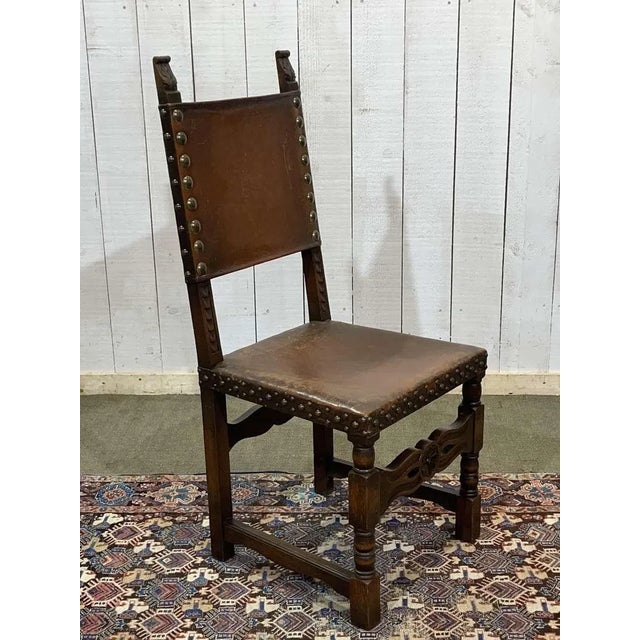 High-Backed Chair in Oak and Leather, Early 20th Century For Sale - Image 4 of 14