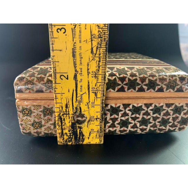 Persian Geometric Inlay Khatamkari Wood Trinket Box Lidded Rectangle For Sale - Image 9 of 9
