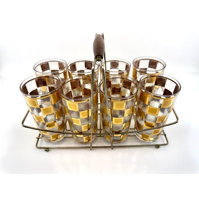 1960s Mid-Century Modern Gold Checkerboard Cocktail Glass Set With Caddy – Set of 9 For Sale - Image 4 of 11
