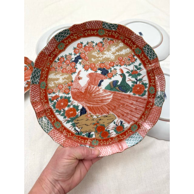 Ceramic Vintage Japanese Imari Arita Peacock Scalloped Porcelain Dinner & Salad Plates - 8 Pieces For Sale - Image 7 of 12
