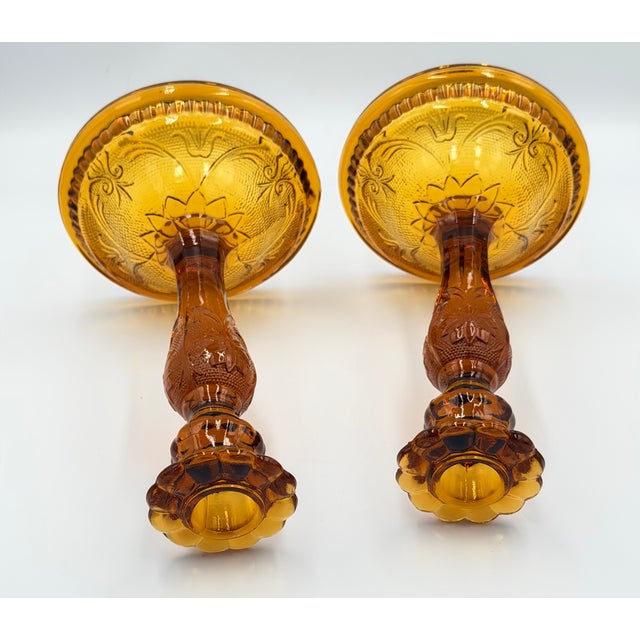 1960s Brockway Indiana Glass Large Tiara Amber Sandwich Candlesticks 9" Set For Sale In Palm Springs - Image 6 of 7