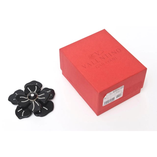 Valentino Black Resin and Rhinestone Flower Brooch Pin
