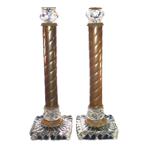 1920's French Traditional Crystal/ Swirl Brass Columnar Form "Bambous" Table Lamps by Baccarat a - Pair