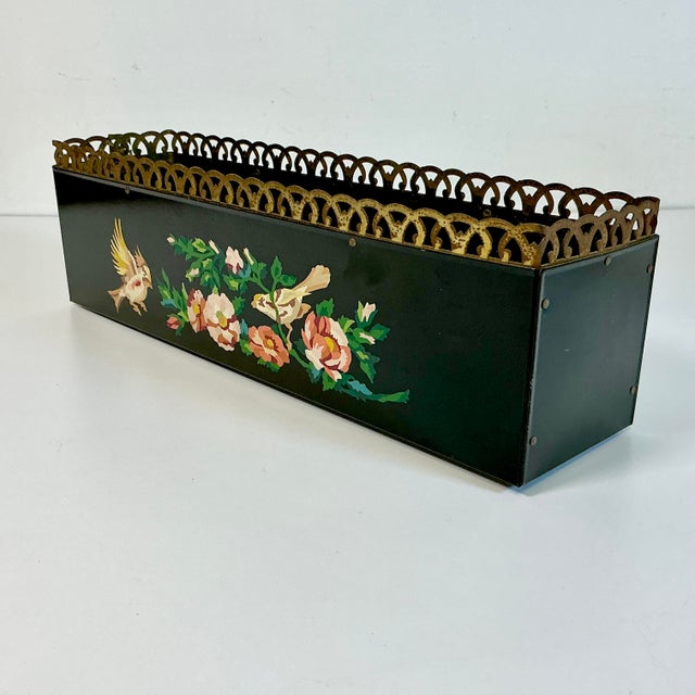 1970s Vintage Boho Chic Arts & Crafts Hand Painted Metal Tole Planter Box For Sale - Image 15 of 16