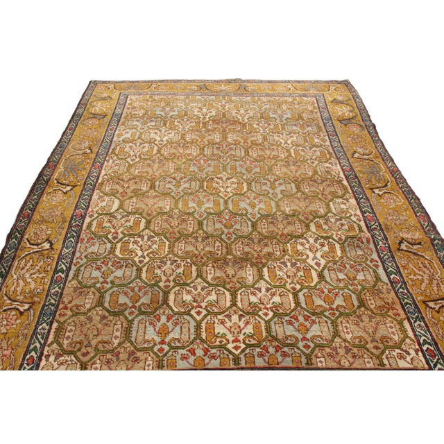 Hailing from 1890 with possible origins in Israel and Syria, this antique Jerusalem wool rug depicts a fine series of...