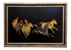 1960s Oil Painting & Gold Leafs Mix Media of Wild Mustangs