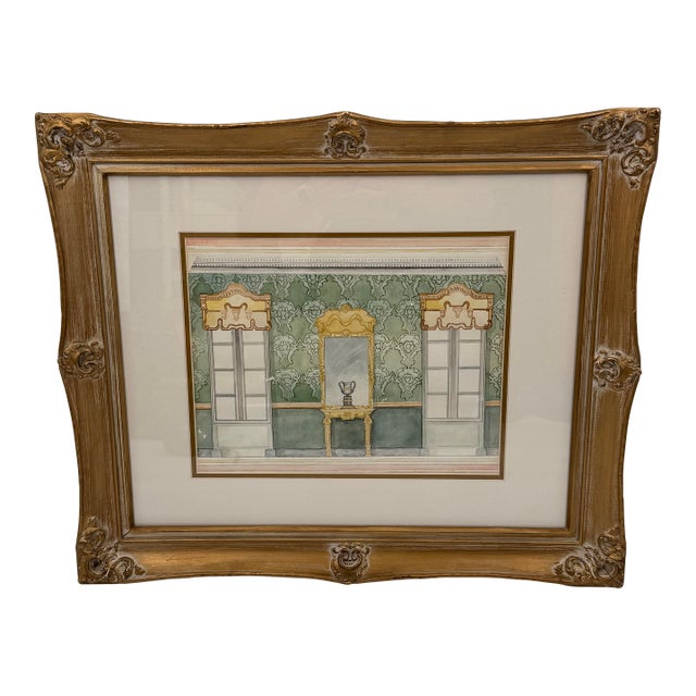 Original European Interior Architecture Watercolor Rendering For Sale