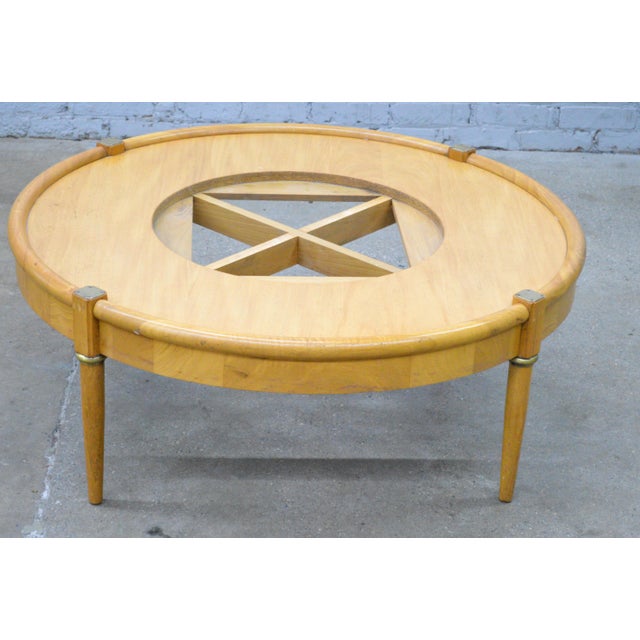 Mid-Century Modern 1960s Mid Century Modern Wood Italian Travertine Insert Brass Trim Round Coffee Table For Sale - Image 3 of 9