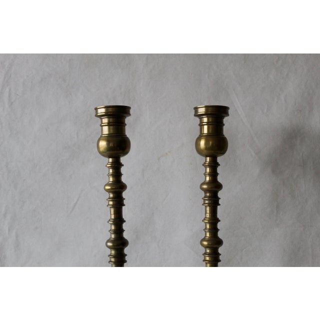 Vintage Mid Century Large Brass Altar Floor Candle Holders Patina, a Pair For Sale - Image 4 of 10