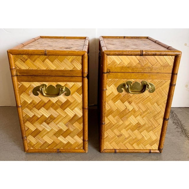 Wood Set of 2 Asian Bamboo & Woven Rattan Trunks From 70's For Sale - Image 7 of 13
