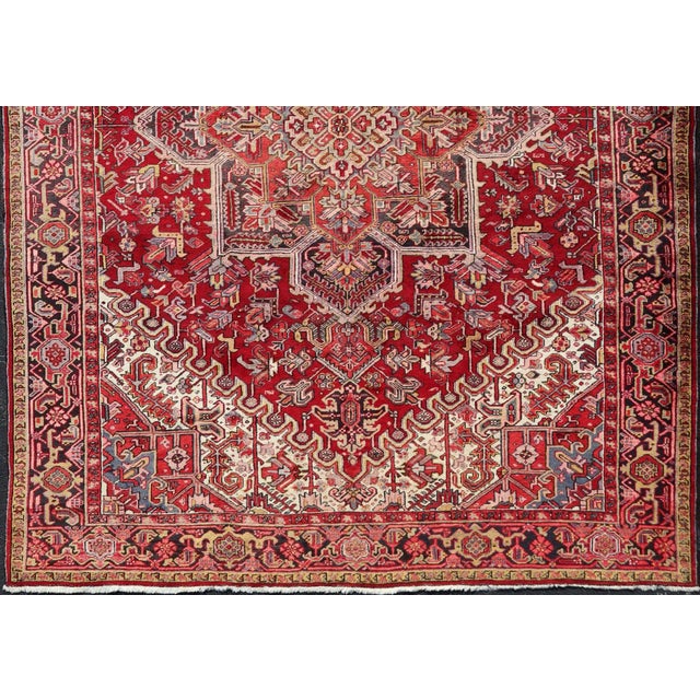 Persian Vintage Heriz With Geometric Diamond Design in Reds, Ivory, Blue, Light Yellow Green & Charcoal For Sale - Image 3 of 13