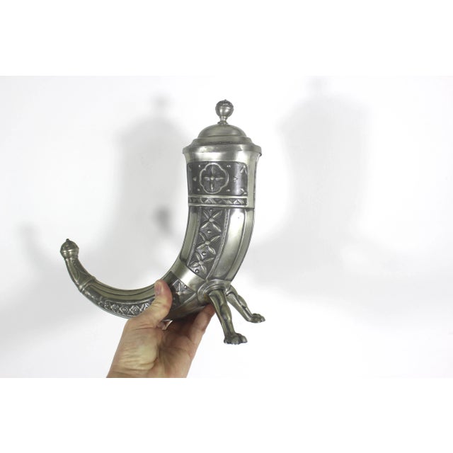 Large 1950’s Norwegian Viking Pewter Drinking Horn With Legs Feet Lid by Aksel Holmsen Norway For Sale - Image 6 of 11