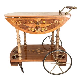 Vintage Italian Marquetry Drop Leaf Tea Cart For Sale