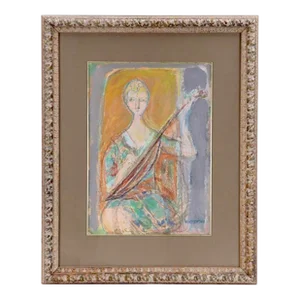 Original Mixed Media Portrait of a Woman Playing a Lute by Jan Wodynski