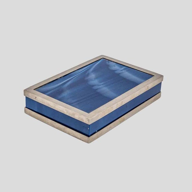 Metal Blue Acrylic Glass Box with Stainless Steel Accents, 1980s For Sale - Image 7 of 7