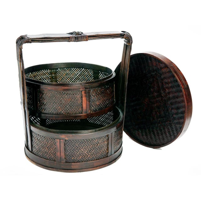 Wood Late 20th Century Chinese Rattan Tiered Lunch Box For Sale - Image 7 of 13