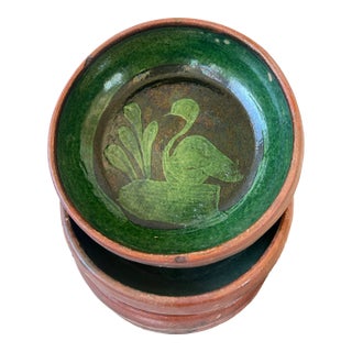 Handmade Olive Green Swan Design Terracotta Five Bowl Set - Made in Mexico For Sale