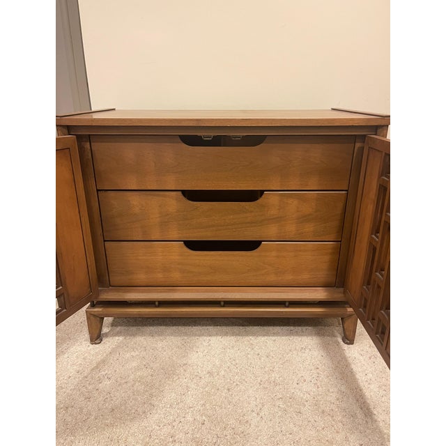 White Furniture 1960s White Fine Furniture Mid-Century Walnut and Brass 3 Drawer Chest of Drawers For Sale - Image 4 of 6