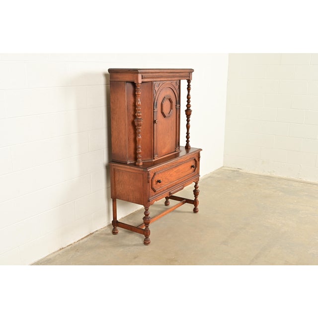 Berkey & Gay Antique English Jacobean Carved Oak Bar Cabinet, Circa 1920s For Sale - Image 4 of 14