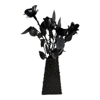 Late 20th Century Avant-Garde Hand-Forged Wrought Iron Rose Sculpture & Textured Metal Vessel For Sale