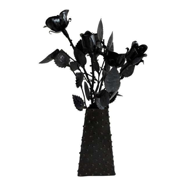 Late 20th Century Avant-Garde Hand-Forged Wrought Iron Rose Sculpture & Textured Metal Vessel For Sale