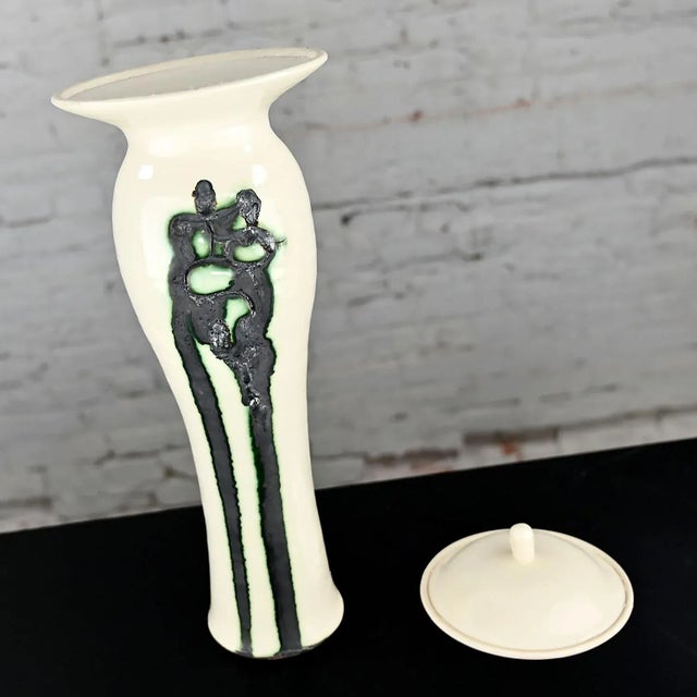 Off-white Vintage White & Black W/Green Accent Ceramic Lidded Vessel Signed Pritchard Spring 75 For Sale - Image 8 of 13