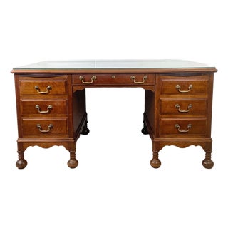 Antique Queen Anne Style Burl Walnut Kneehole Desk — Brass Bail Pulls, Bun Feet, Glass Top, C. 20th Century For Sale