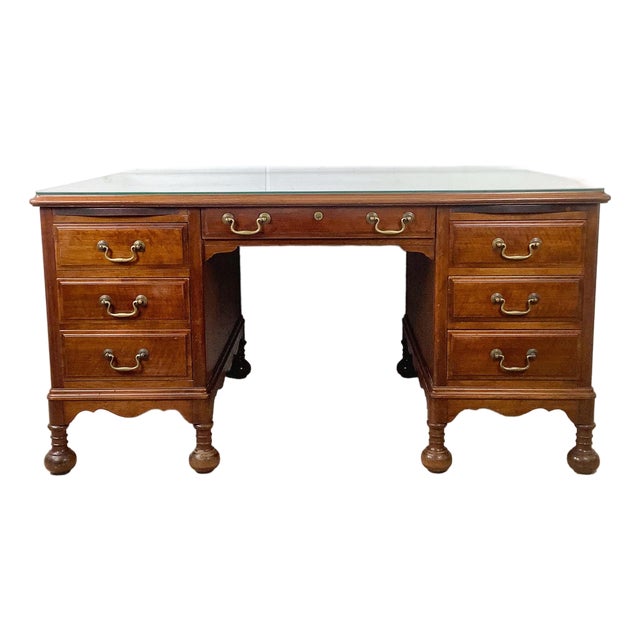 Antique Queen Anne Style Burl Walnut Kneehole Desk — Brass Bail Pulls, Bun Feet, Glass Top, C. 20th Century For Sale
