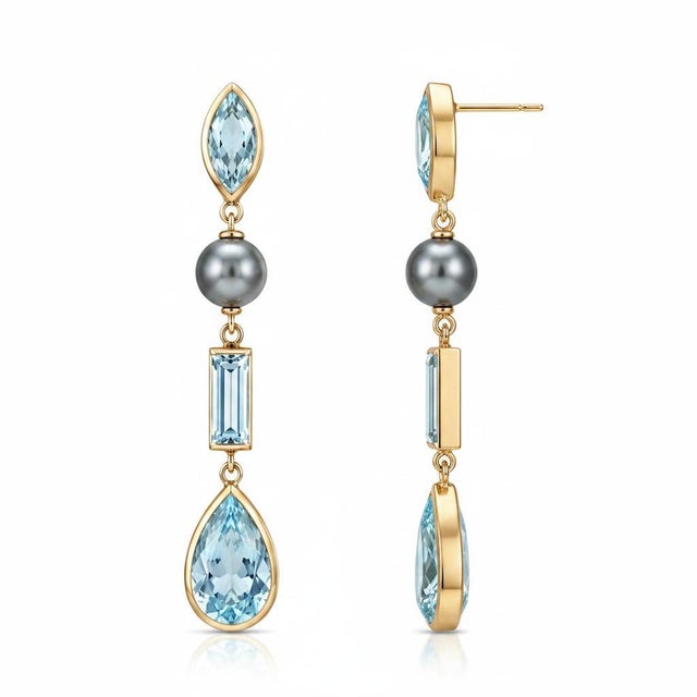 Blue Sky Blue Topaz & Pearl Drop Earrings Studs, Silver, Gold, Pair For Sale - Image 8 of 10