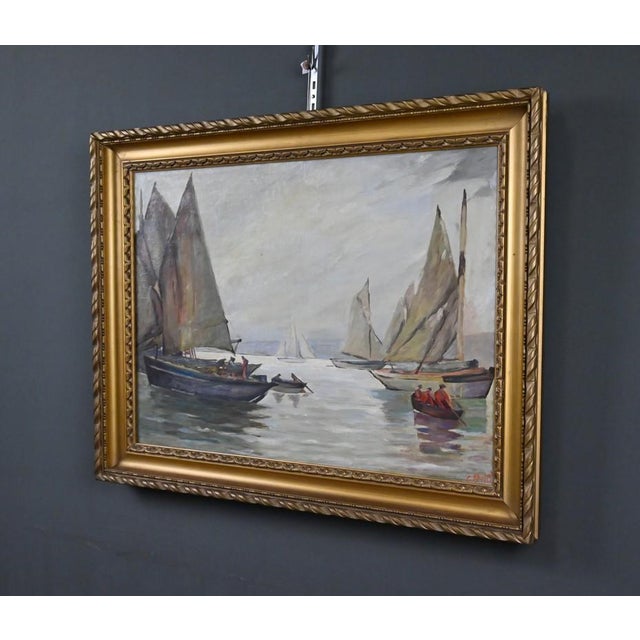 Bustad, Painting Sailboats on a Calm Sea, 1928, Oil on Canvas For Sale - Image 4 of 15