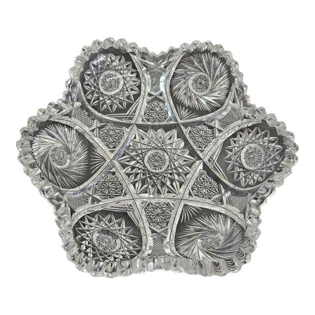 Abp American Brilliant Cut Glass Scalloped Hob Star Dish Sawtooth Pinwheel Bowl For Sale