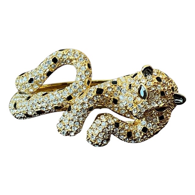 Vintage Rhinestone & Black Enamel Leopard Bracelet For Sale