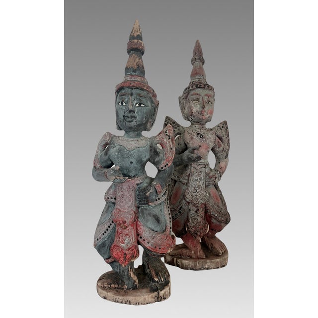 Shabby Chic Antique Teppanom / Guardian Thai Angels, Carved Wood Statues or Figures - A Pair 18" For Sale - Image 3 of 11
