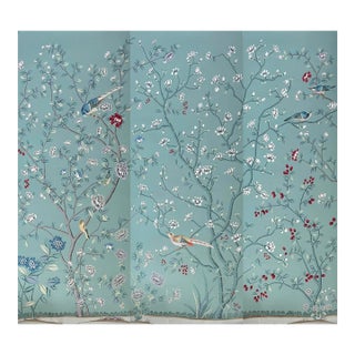 21st Century Chinoiserie Mural Hand Painted Wallpaper on Blue Tea Paper Panel - 3 Panels For Sale