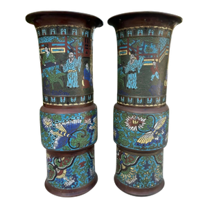 Pair of Antique Chinese Cloisonné Bronze Cylinder Vases Qing Dynasty, Kangxi Period