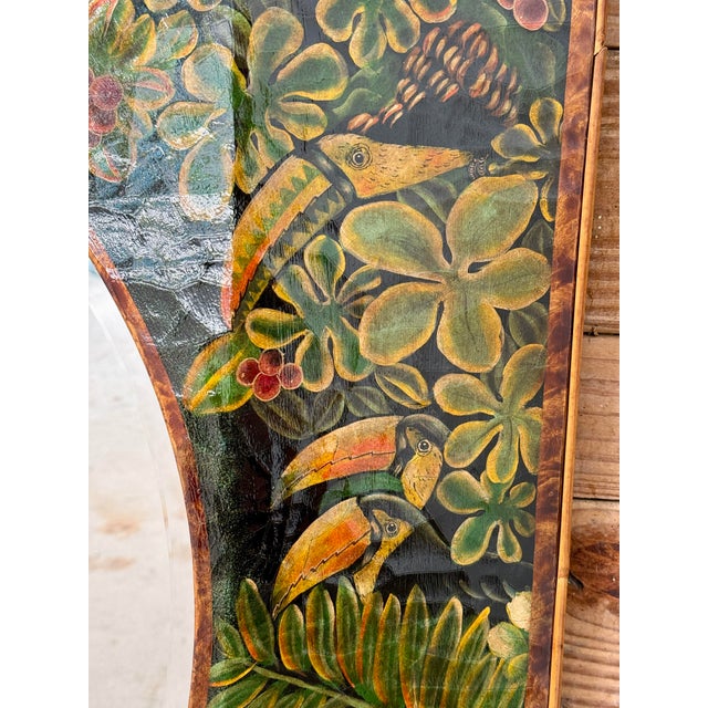 Tropical Regency Mosaic Mirror With Hand-Painted Jungle Motif & Salvaged Rattan Trim For Sale - Image 10 of 12
