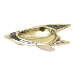 Vintage Hand-Wrought Brass, Silver Plate and Abalone Sculptural Bowl MCM For Sale