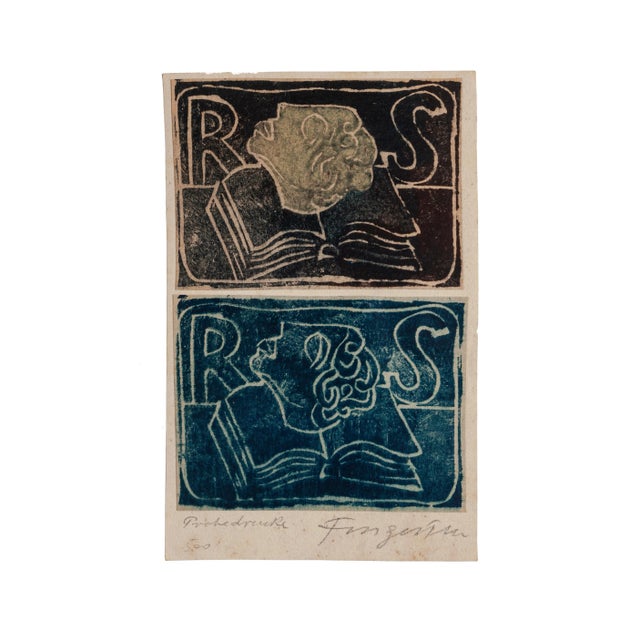 Ex Libris is an original woodcut print realized by Michel Fingesten. Hand-signed on the lower center and hand written...