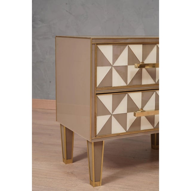 2000 - 2009 Square White and Dove-Gray Color Glass and Brass Nightstand, 2000, Set of 2 For Sale - Image 5 of 11