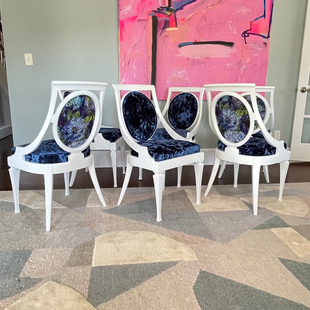 1950s White Lacquered Hollywood Regency Dining Chairs in Sapphire Blue Crushed Velvet - Set of 6 For Sale - Image 10 of 10