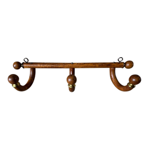 Mid 19th Century Vintage, Rustic Early American Wood and Brass Wall Coat Rack